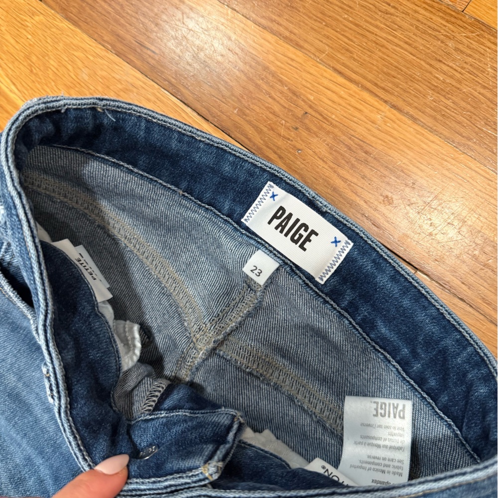 PAIGE Petite Laurel Canyon Raw Hem Flare Blue Women's Jeans - Olivin Distressed - Picture 6 of 10